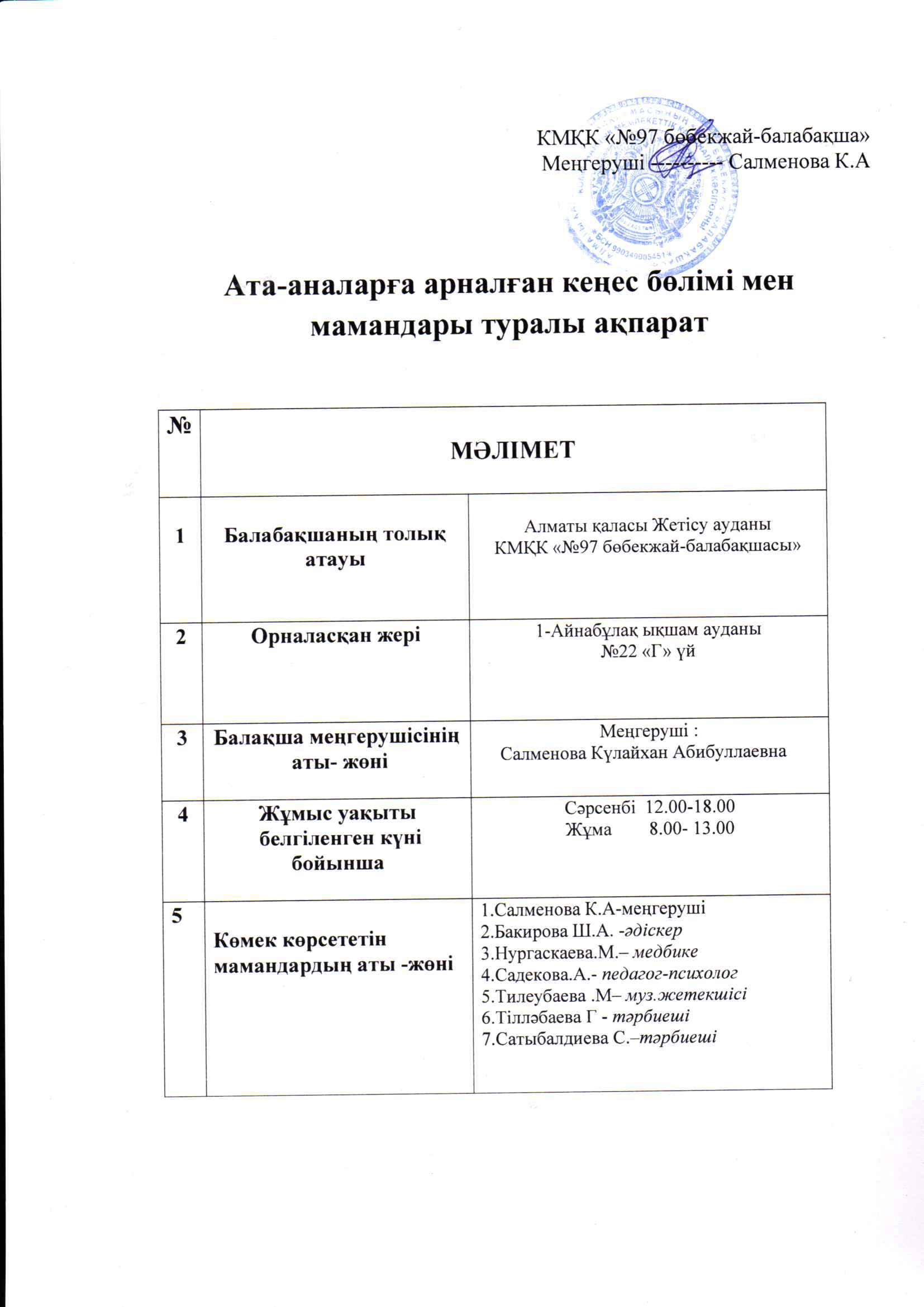 2025-2026 оқу жылына  Ата-аналарға арналған кеңес бөлімі мен мамандары туралы ақпарат